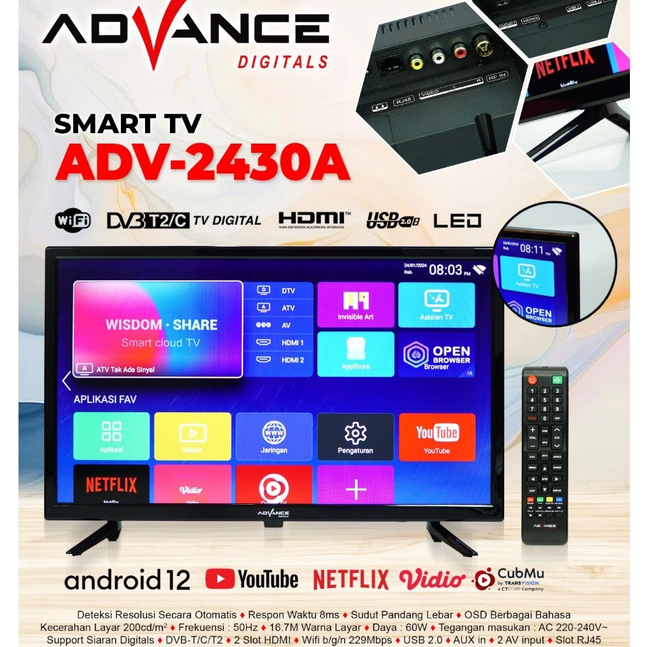 [FREE PACKING KAYU] Advance ADV-2430A Smart Televisi Android TV LED 24 inch HD Support Siaran Digital DV3 T2/C Garansi Resmi 1 Tahun