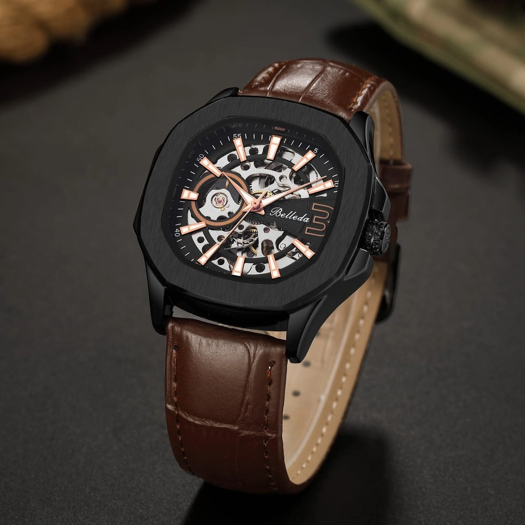 Jam Tangan Pria Wanita Belleda 9633 Tali Kulit Automatic Sakelton Unisek Anti Air atm Watches