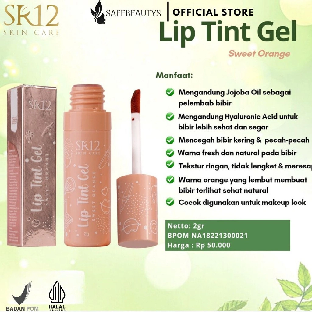 Lip Tint Gel SR12 Sweet Orange Tekstur Ringan Awet Tahan Lama Tidak Lengket Cepat Meresap BPOM