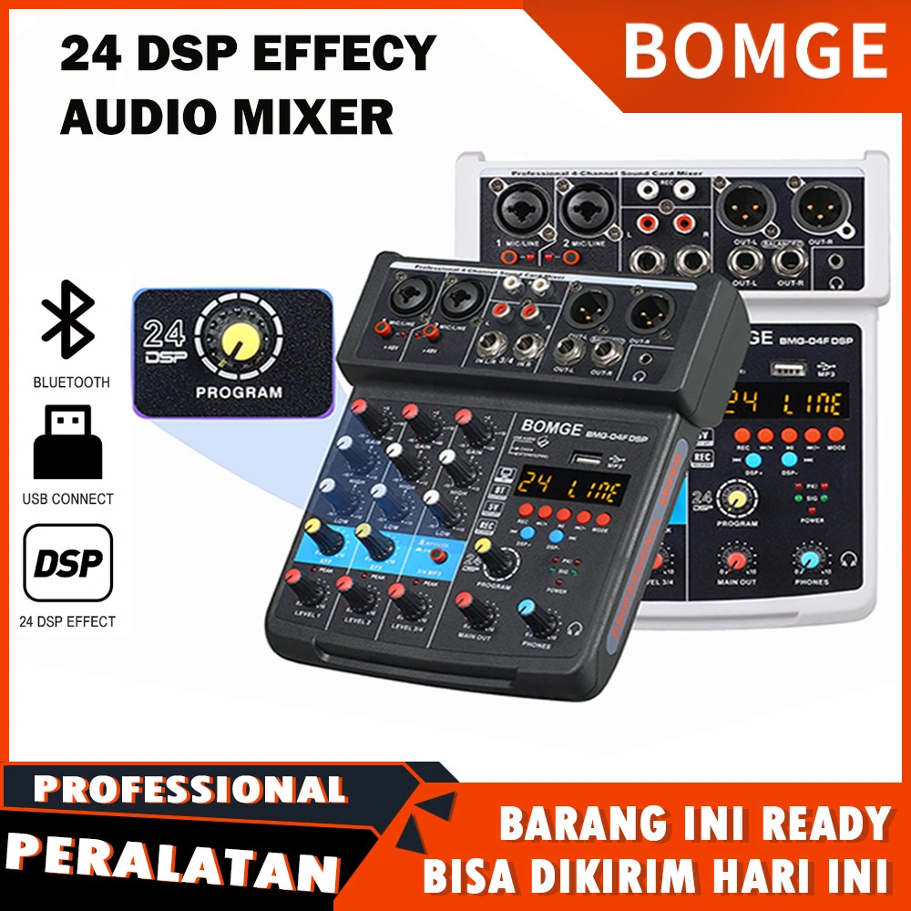 BOMGE 04F 4Channel Audio Mixermini DJ Audio Sound Mixer Interface dengan MP3, USB, Bluetooth, Rekaman Stereo, Daya Phantom 48V, 24 DSP untuk karaoke, pertunjukan, nyanyian gereja, streaming podcast