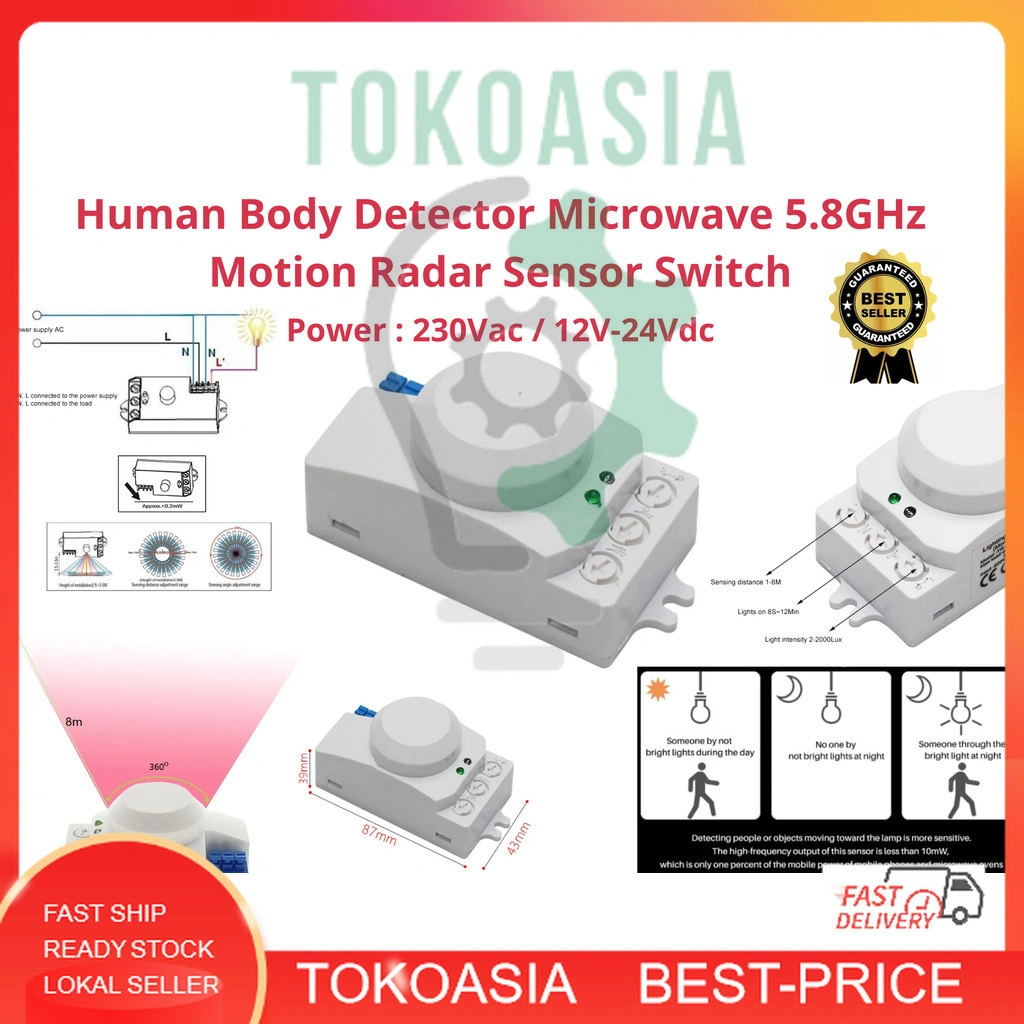 Human Body Detector Microwave 5.8GHz Motion Radar Sensor Switch 230Vac / 12-24Vdc