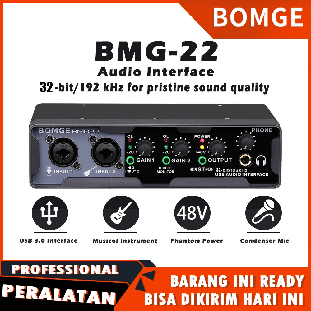 BOMGE BMG-22 Audio interface Soundcard recording USB interface (32 bit/192 kHz) dengan XLR, daya hantu, Pemantauan Langsung, Loopback untuk Perekaman PC, Streaming, Gitaris, Vokalis