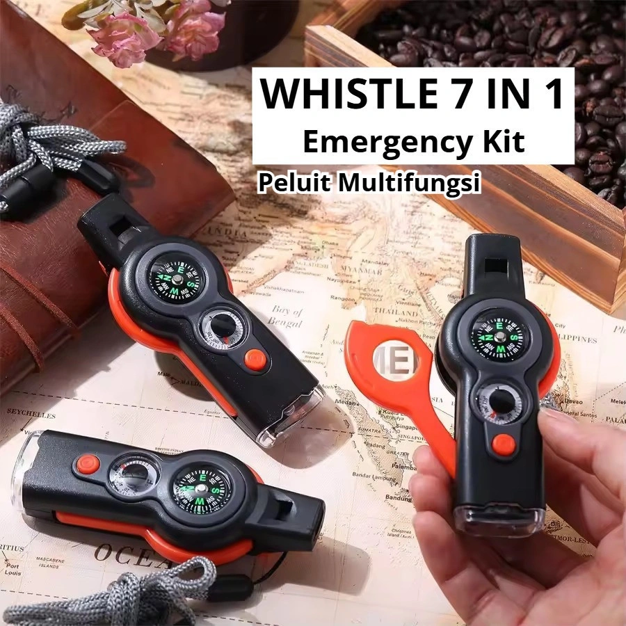 Peluit Emergency Kompas Survival Whistle 7 in 1 Multi Tool Outdoor Camping Aksesoris Senter Pluit Serbaguna