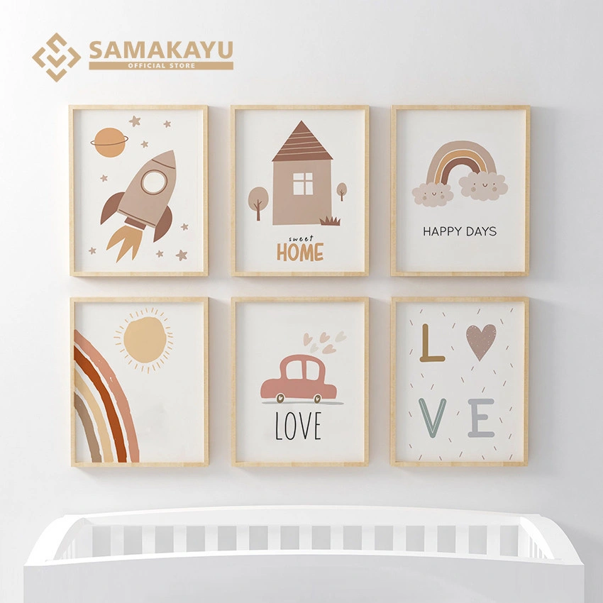 Bingkai Poster Hiasan Dinding Kamar Tidur Anak Aesthetic Boho Car Sun Rainbow Rocket Wall Art Kids Room