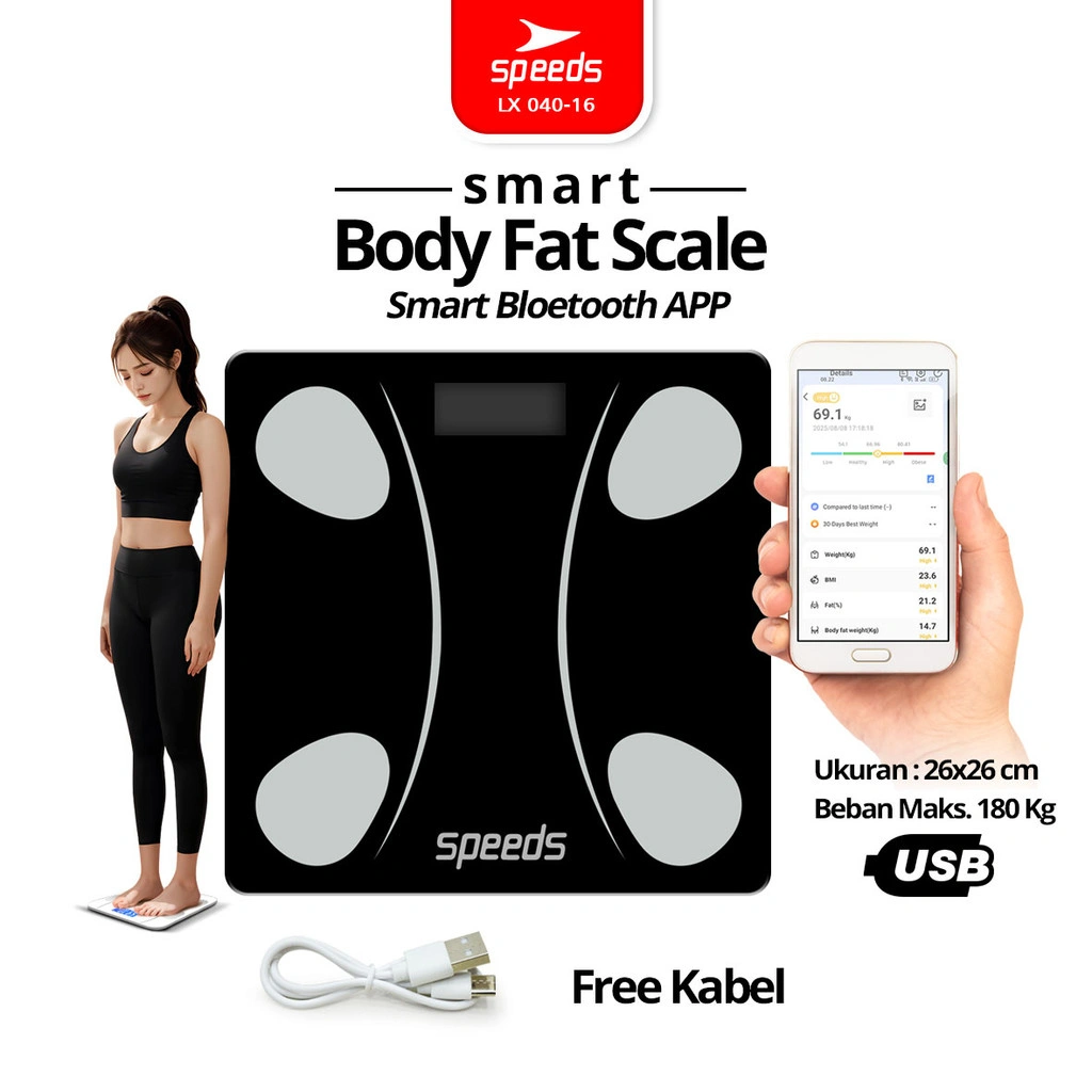 SPEEDS Timbangan Badan Smart Digital Weight Scale Scales 26cm Fitur Lengkap Fat Scaler USB Aplikasi Pengukur Lemak 040-16