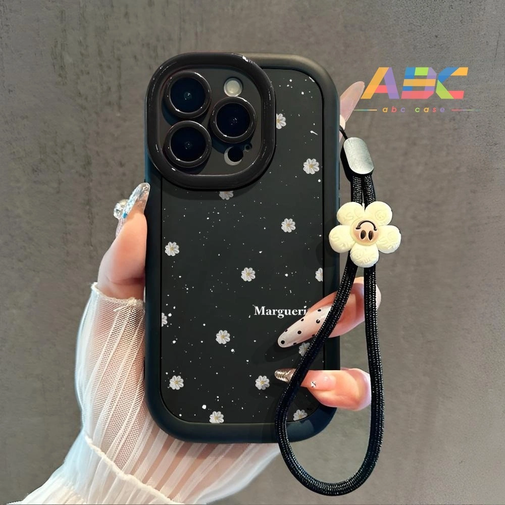 Casing HP gaya estetik dengan motif bunga daisy putih Untuk iPhone 16 13 11 15 pro xs XR 15 14 plus 11 12 13 14 pro max 7+ 8+ Xs Max Case Silikon Lembut Full Body – Nyaman di Tangan & Ada Tali Gantung 01071