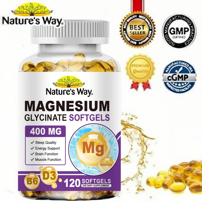 Nature's Way Magnesium Softgels 400 mg Glycinate + B6 for Mood D3 for Calcium Absorption kapsul lunak magnesium 400 mg glisinat + B6 untuk suasana hati D3 untuk penyerapan kalsium 120pcs