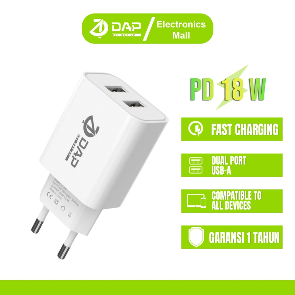 DAP Adaptor Charger Fast Charging Dual Port Usb Charger 2.4 A Original – D-A4N 1 PCS