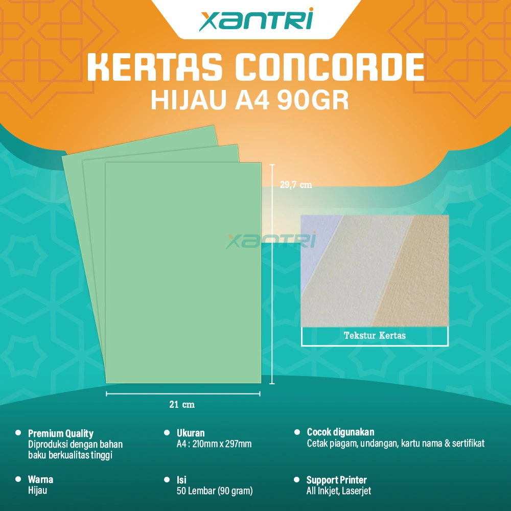 Xantri - Kertas Concorde A4 90gr Kertas Piagam kertas Undangan Kartu Nama Kertas Sertifikat Concorde A4 210mm x 297mm New Paper isi 10 lembar Warna Biru Kuning Merah Muda Hijau