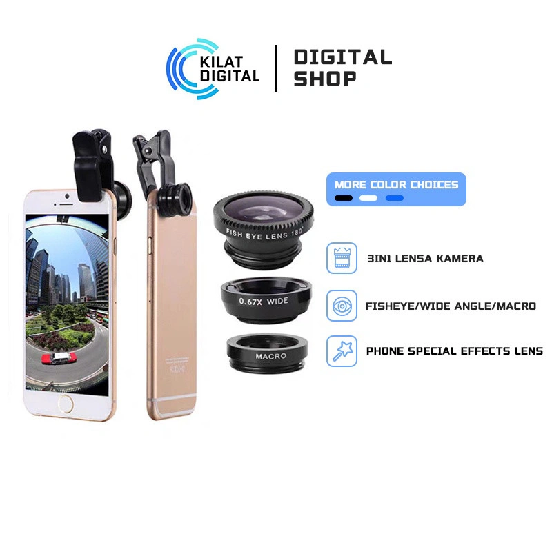 3in1 Lensa Kamera HP Fisheye / Wide Angle / Macro / Zoom Dengan Klip on Untuk Smartphone