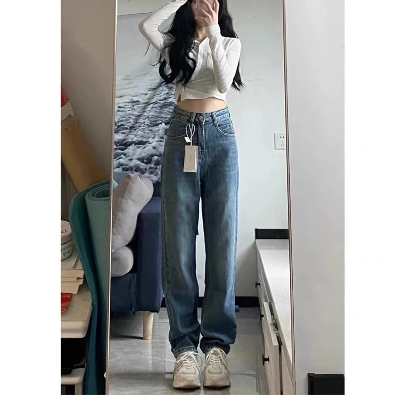 Rimay-Celana jeans high waist wanita korean style Jeans baggy pants Serbaguna Kasual Biru Retro