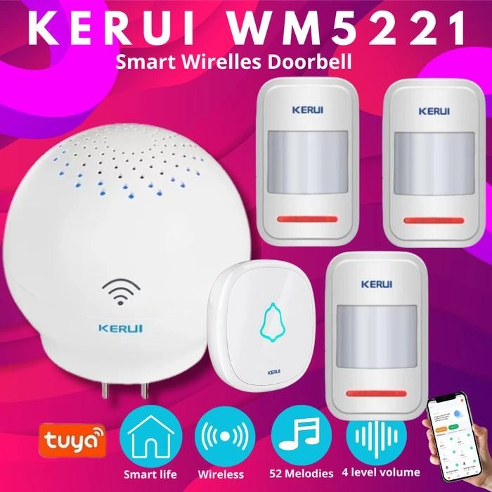 KERUI Bel Alarm Rumah WM5221 Wireless Multifungsi F52 3 Sensor Gerak P819 Tuya Smart Alarm System