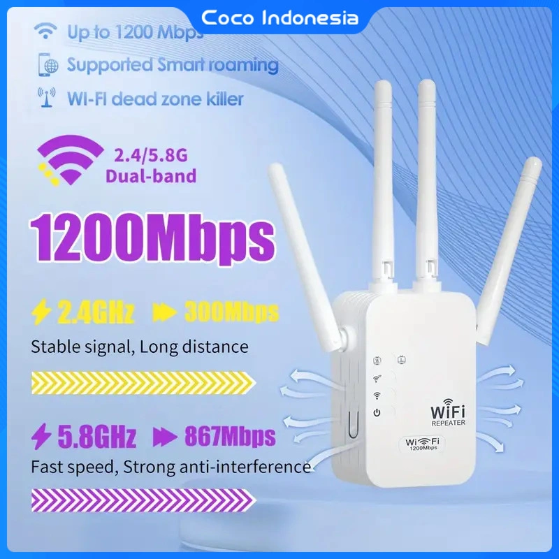 Wi-Fi Extender Repeater Jarak Jauh 1200Mbps Wifi Penguat Ekstensi Sinyal Nirkabel Wi Fi Repeater 2.4G/5G 4/6 Antena no Dead Zone Wifi Range Extender Router Sinyal Amplifier Signal Booster