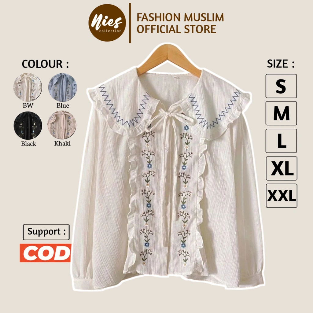 Calianna Blouse - Atasan Bordir Wanita Korean Style Bahan Linen Crinkle - LD 120 110 104 96 92