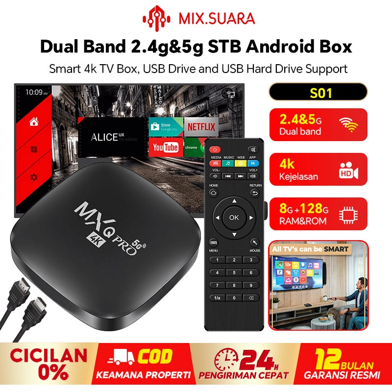 MIX.SUARA Dual Band 2.4G/5G Wifi Android TV BOX Ram 8GB Rom 128GB Advanced Indihome Digital Online TV Netflix Youtube Internet Smart TV Free TV Channels Set Top Box