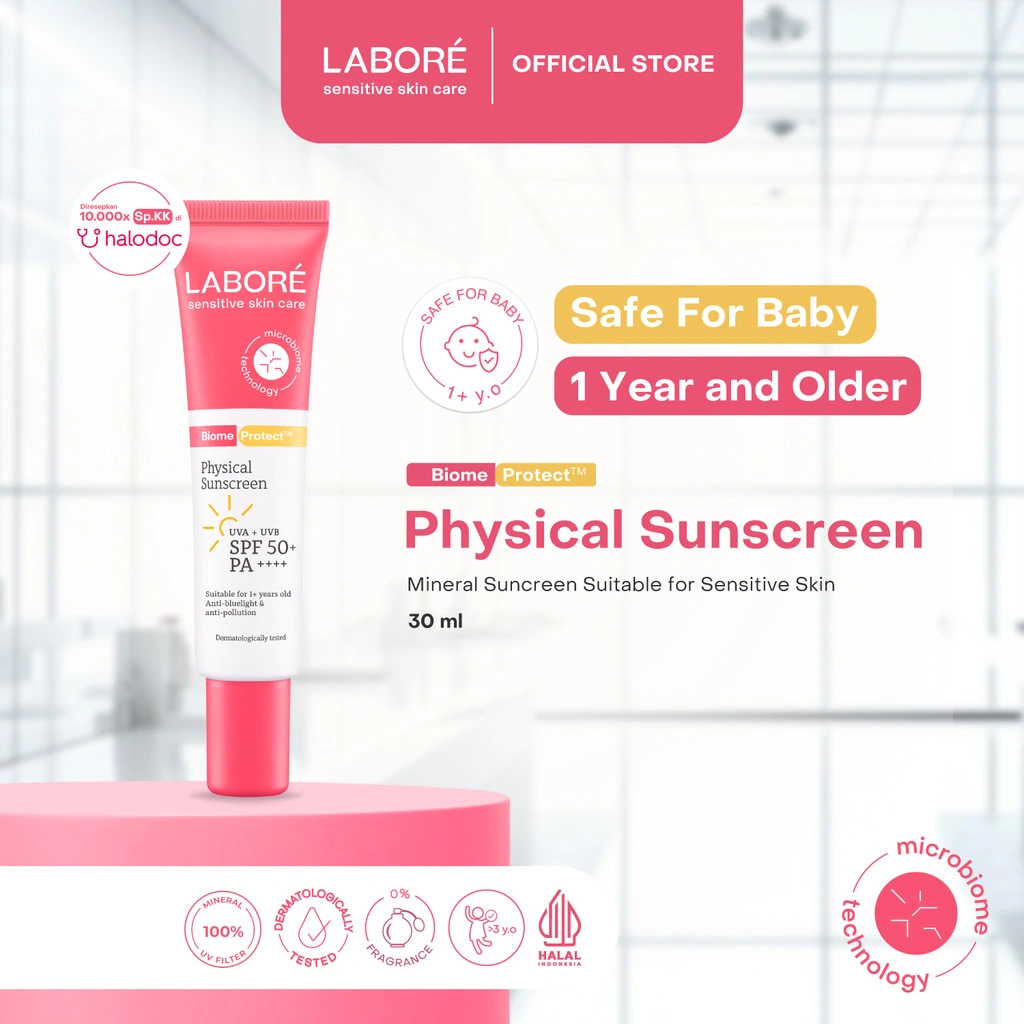LABORÉ Sensitive Skin Care BiomeProtect Physical Sunscreen SPF 50+ PA++++ 30ml - Sunscreen Ringan Cocok Aman Kulit Sensitif Anak Kids Melindungi Sinar UVA UVB Mudah Meresap Tidak Aneh Whitecast Skincare Face Best Seller Skincare Viral Pyschal SS Labore