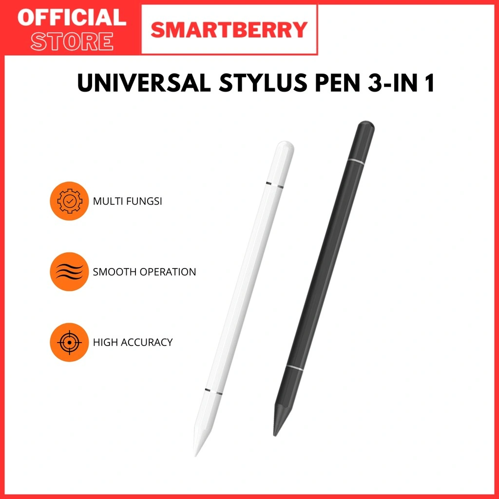Smartberry Universal  STYLUS PEN 3 IN 1 - Pulpen + Stylus Layar Sentuh + Ujung Presisi untuk Semua Tablet & Smartphone