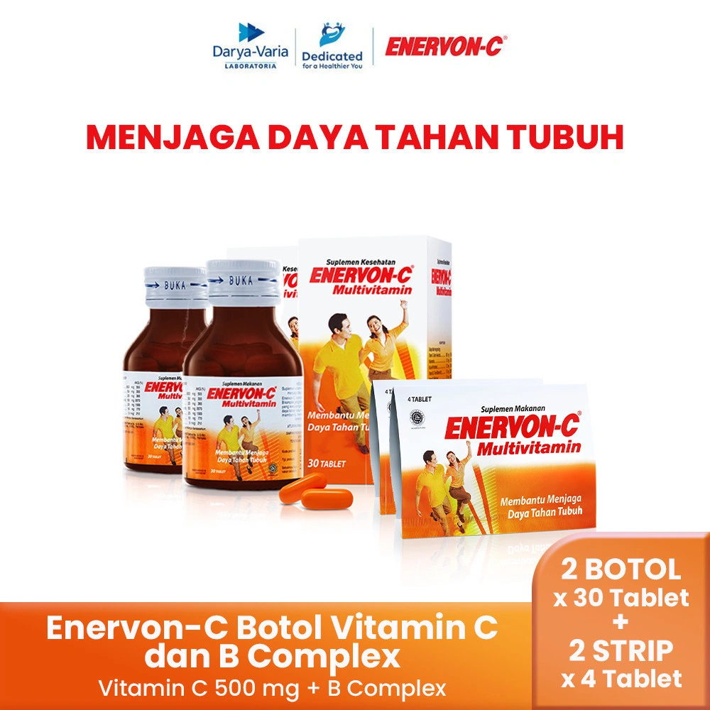 Enervon-C Vitamin C dan B Complex (2 Botol x 30 Tablet + 2 Strip x 4 Tablet) - Suplemen Multivitamin dan Mineral untuk Imunitas Tubuh