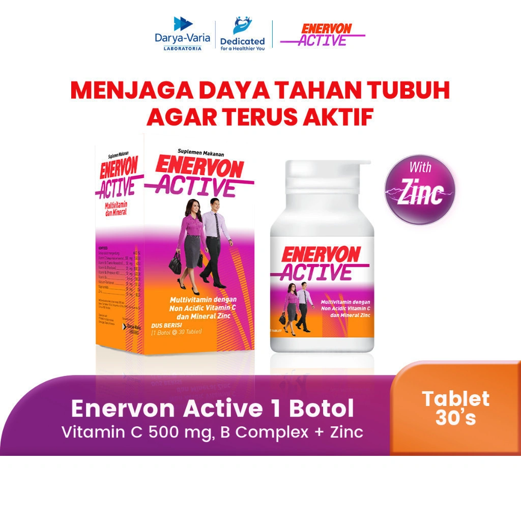 Enervon Active Vitamin C, B Complex, Zinc Isi 30 Tablet (1 Botol x 30 Tablet) - Suplemen Multivitamin & Mineral untuk Produktivitas dan Daya Tahan Tubuh