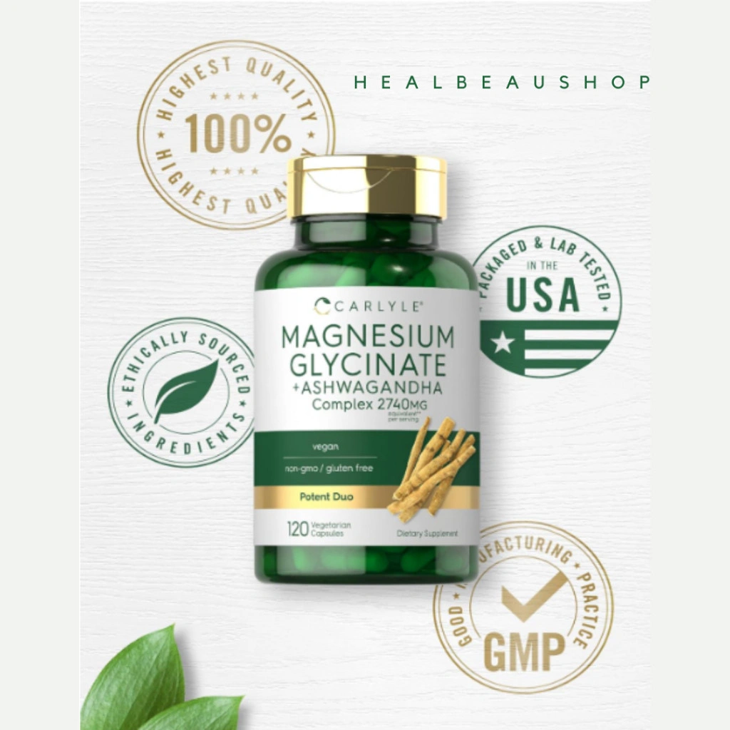 Carlyle Magnesium Glycinate Ashwagandha 2740mg Stress Insomnia Relaksasi 120 caps Halal Original USA