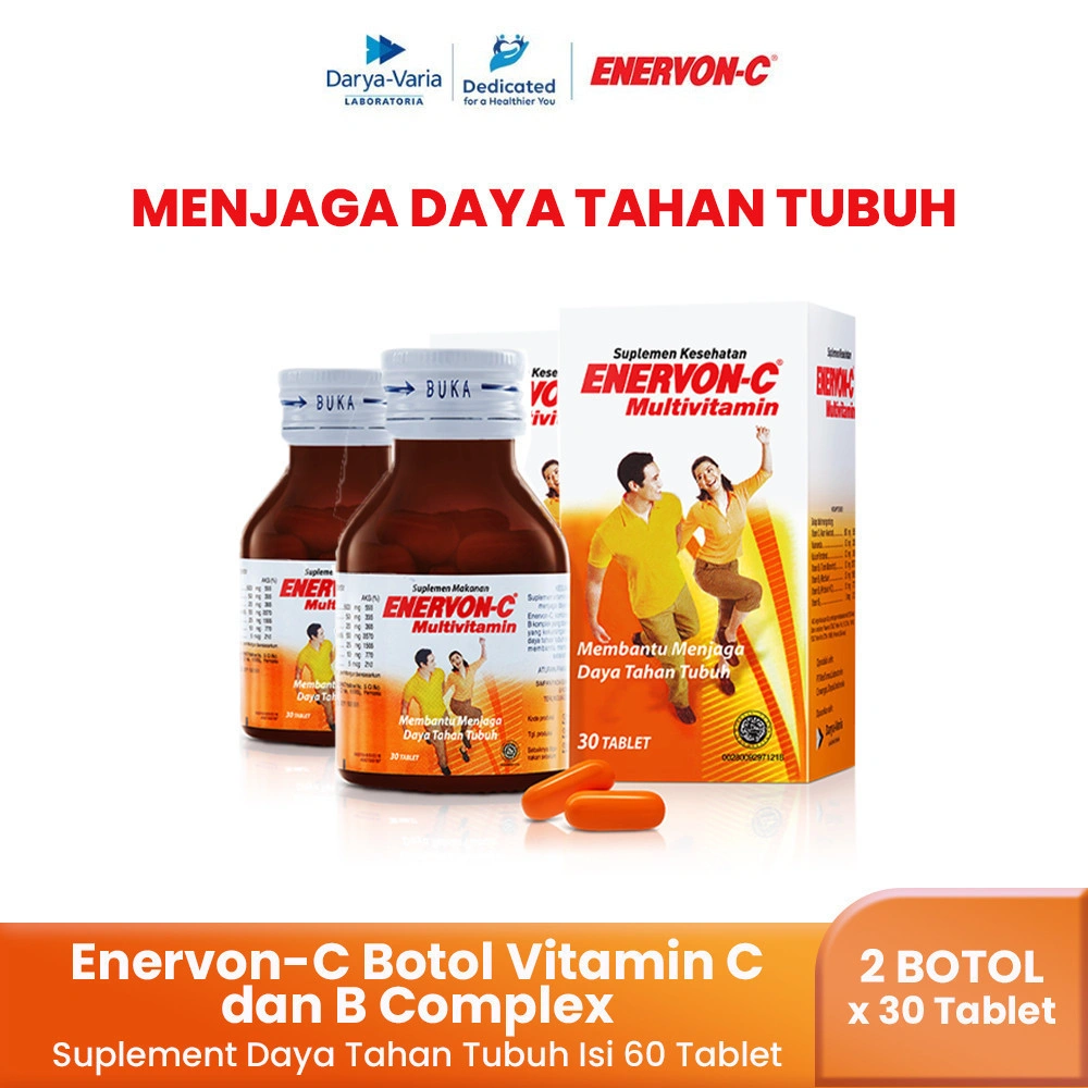 Enervon-C Vitamin C dan B Complex Isi 60 Tablet (2 Botol x 30 Tablet) - Suplemen Multivitamin untuk Kesehatan dan Daya Tahan Tubuh