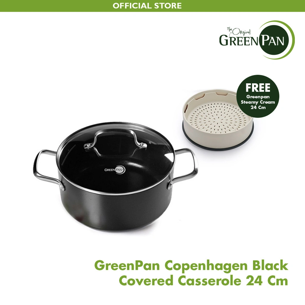 GreenPan Copenhagen Black Covered Casserole 24 cm FREE Steamy CREAM 24 cm