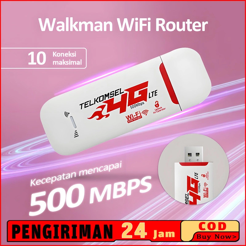 Modem WiFi 4G LTE USB Wingle Mifi 500Mbps Portable Router Hotspot Semua Operator GSM Telkomsel Indosat XL Axis By.U Internet Cepat Stabil Support 10 Devices untuk PC Laptop HP Gaming Streaming TikTok YouTube COD