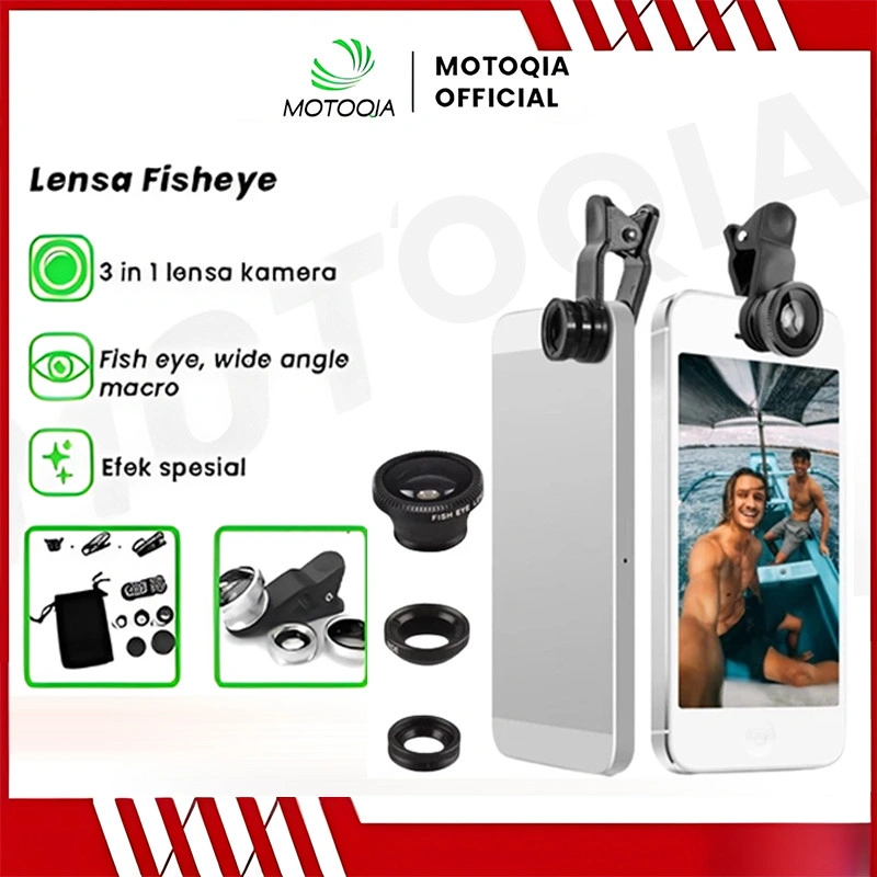 MOTOQIAP 3in1 Lensa Kamera Fisheye / Wide Angle / Macro / Zoom Dengan Klip on Untuk Smartphone Universal for mobile phone cameras Compatible with various models