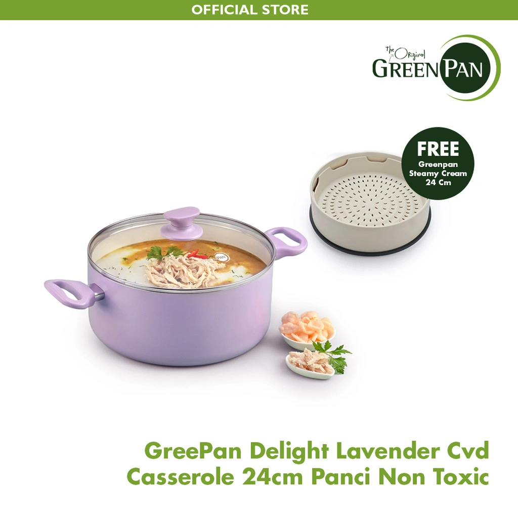 GreenPan Delight Lavender Covered Casserole 24 cm FREE Steamy CREAM 24 cm