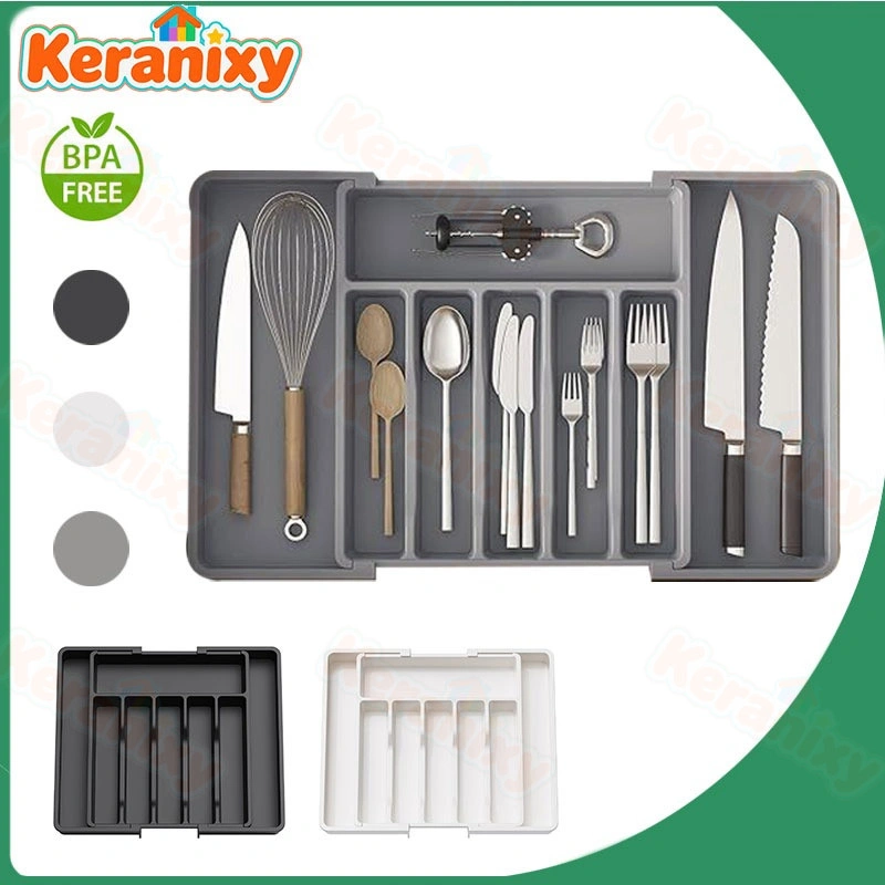 Keranixy Expandable Cutlery Tray Sekat Sendok Laci Box Penyimpanan Alat Makan Laci Organizer Rak Penyimpanan Alat Dapur Tempat Sendok Garpu