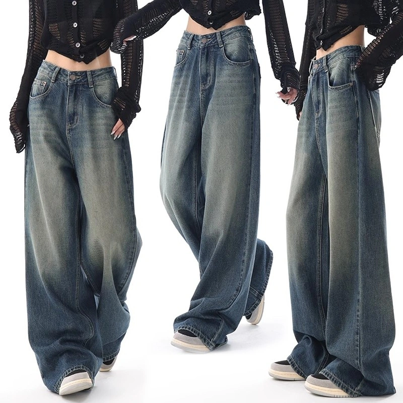 Keygirl Celana Baggy Jeans pinggang karet celana kulot wanita jumbo size S-5XL Korean Style fashion