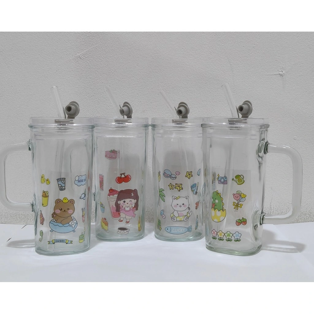 Gelas Susu Anak / Gelas kaca / Tumbler / Gelas Ukur / Dengan Sedotan Dan Tutup / Gelas Kaca + Sedotan Motif Animal 250ml Gelas Cangkir Mug Gelas