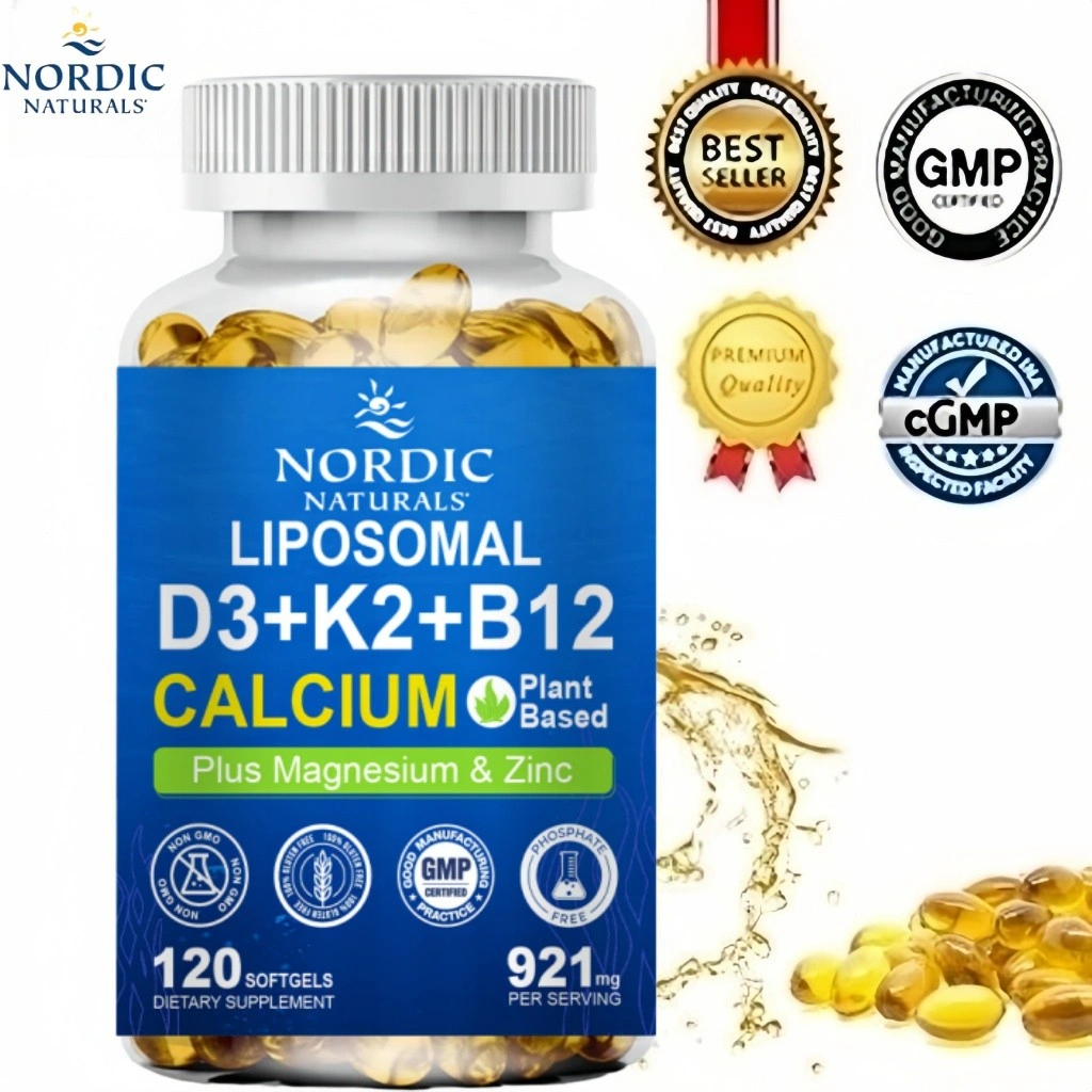 NORDIC NATURALS 6-in-1 Suplemen Kalsium Nabati/ D3 K2 5000 IU Vitamin, Liposomal & Kalsium Alga Magnesium Seng + Vitamin D Vegan 5000 IU + K2 MK7 + Metil B12 untuk Tulang Membantu pertumbuhan dan perbaikan tulang Mendukung sendi dan otot