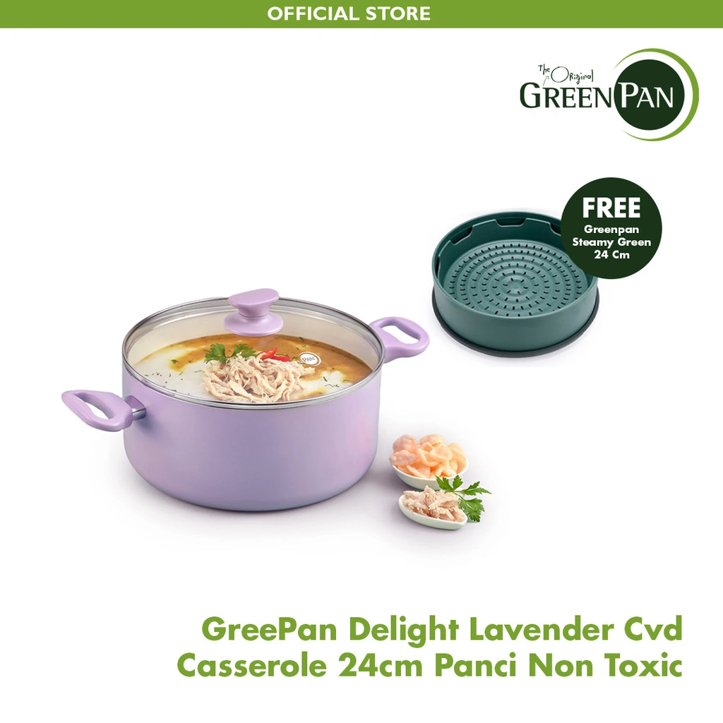 GreenPan Delight Lavender Covered Casserole 24 cm FREE Steamy GREEN 24 cm