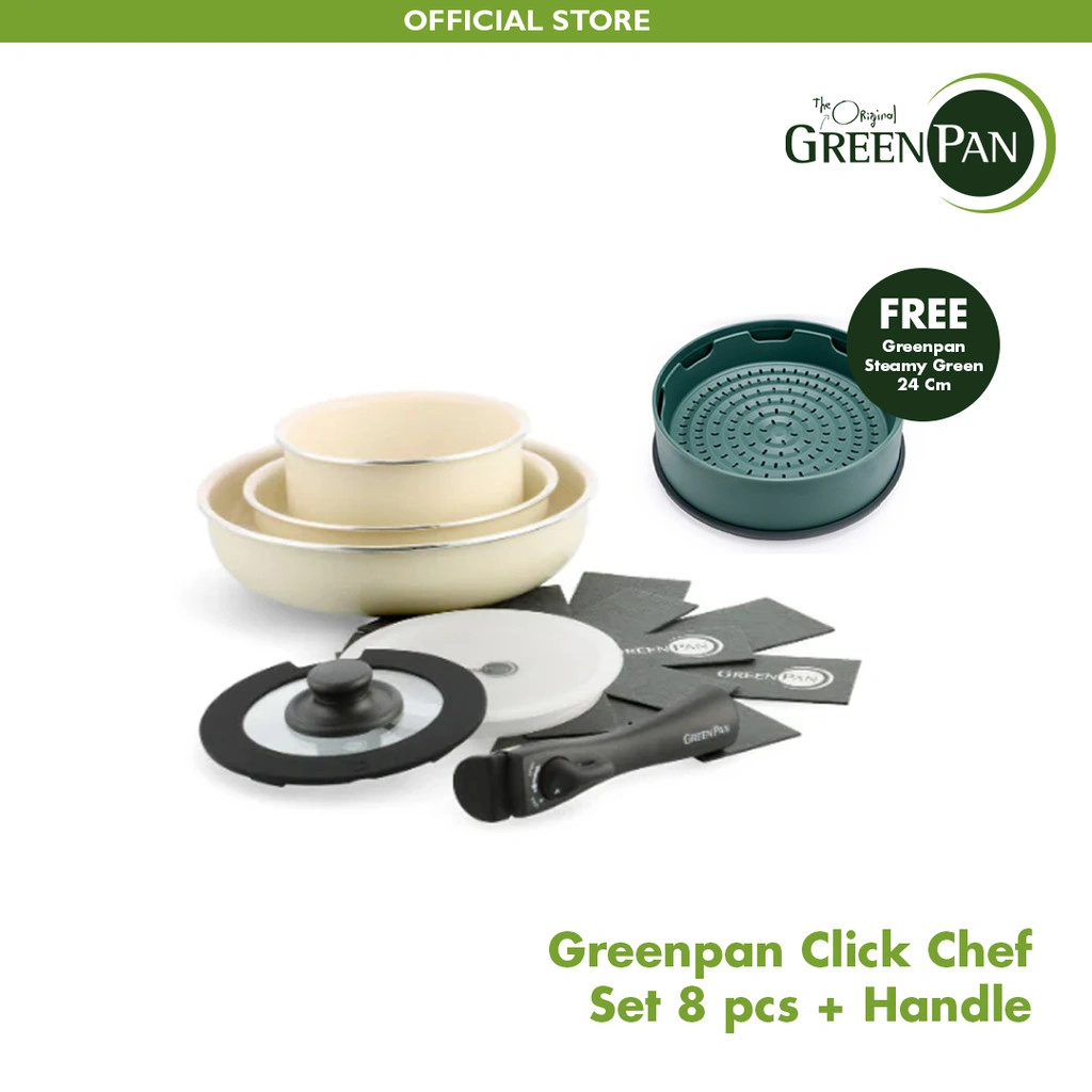 Greenpan Click Chef - Set 8pc + Handle FREE Steamy GREEN 24 cm