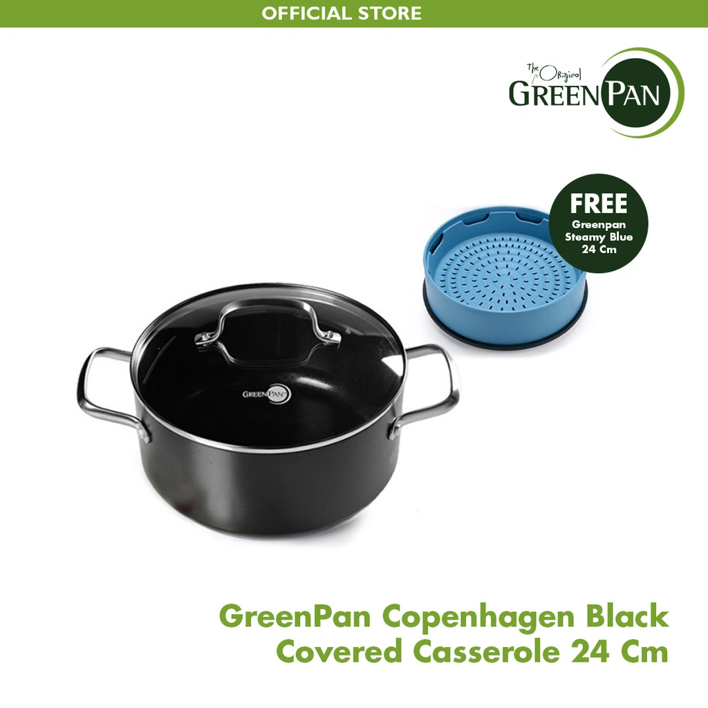 GreenPan Copenhagen Black Covered Casserole 24 cm FREE Steamy BLUE 24 cm