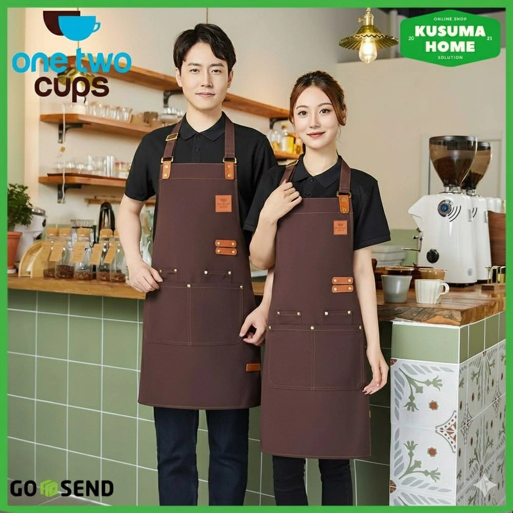 Apron Masak Bahan Kanvas Tebal Celemek Dapur Anti Minyak Tahan Air Jubah Pelindung Baju dengan Kantong Banyak