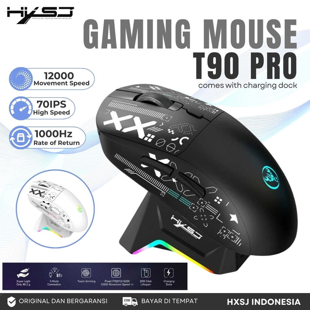 HXSJ T90 PRO 3-MODE CONNECTION GAMING MOUSE WITH CHARGING DOCK FOR PC LAPTOP DESKTOP