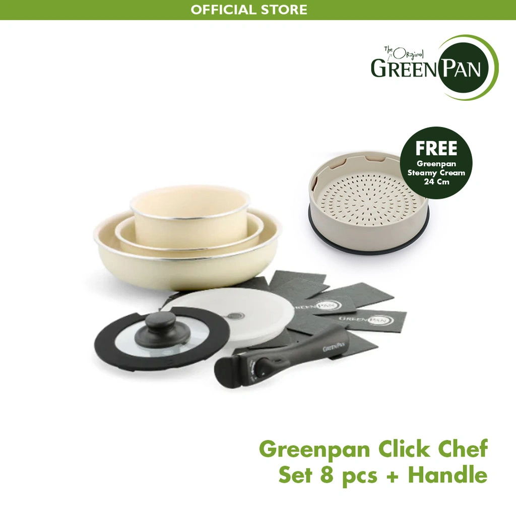 Greenpan Click Chef - Set 8pc + Handle FREE Steamy CREAM 24 cm