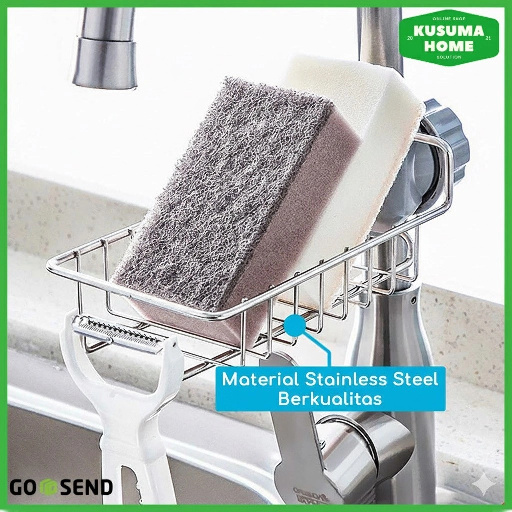 Rak Dapur Gantung Wastafel Cuci Piring Keran Air Sabun Spons Organizer Stainless Steel