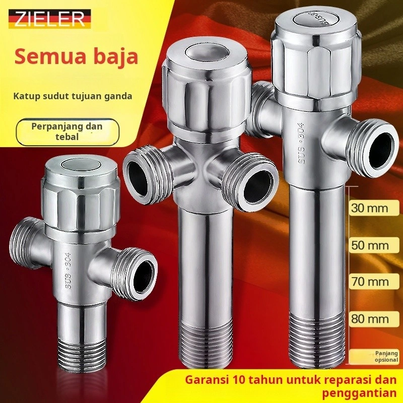 Kran Sudut Stainless Steel T304 1/2 Inch, 1 Masuk 2 Keluar, Untuk Keran Toilet & Mesin Cuci
