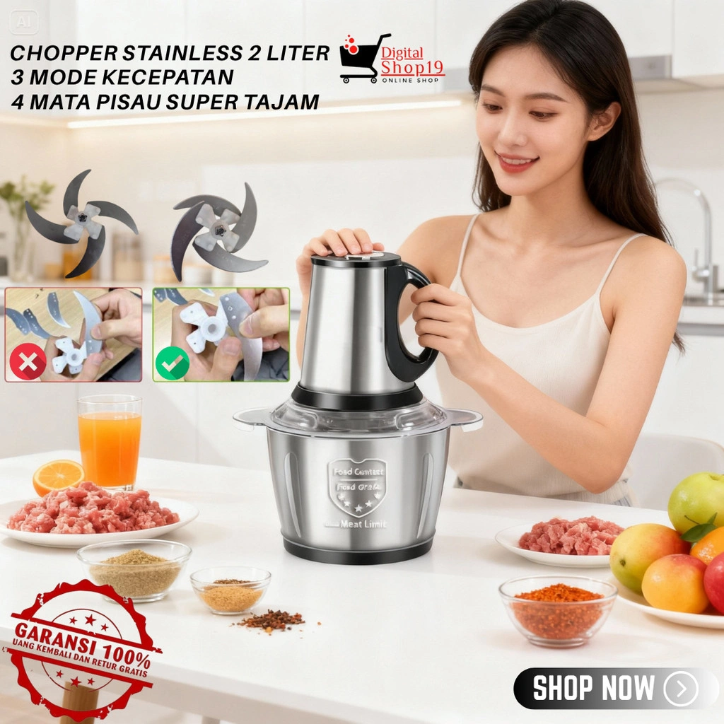 DS.ID COD Chopper Gagang 2L Penggiling Daging Baja Tahan Karat Kaca 3 Kecepatan