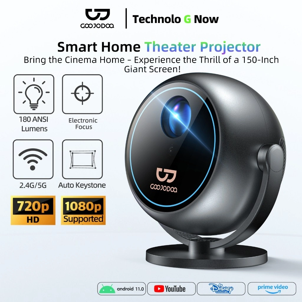 GOOJODOQ Portable Mini Proyektor Full HD 1080P 180 ANSI 360° Free Rotation Bluetooth 5.0 Auto Focus
