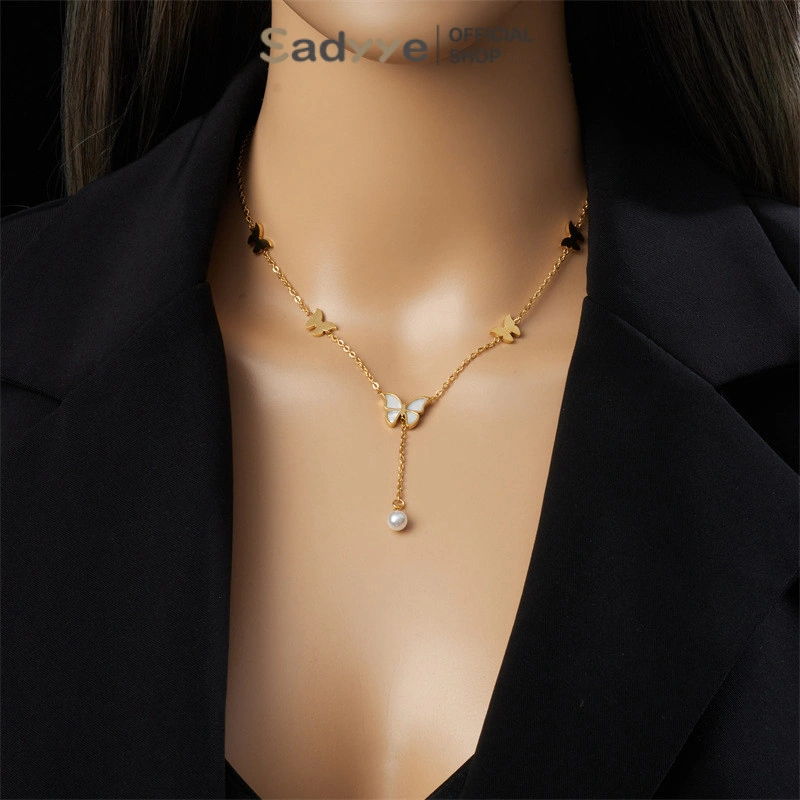 Sadyye Temperamen Sederhana Rantai Klavikula Mewah Ringan Elegan Kalung Kalung Rumbai Mutiara Kupu-kupu