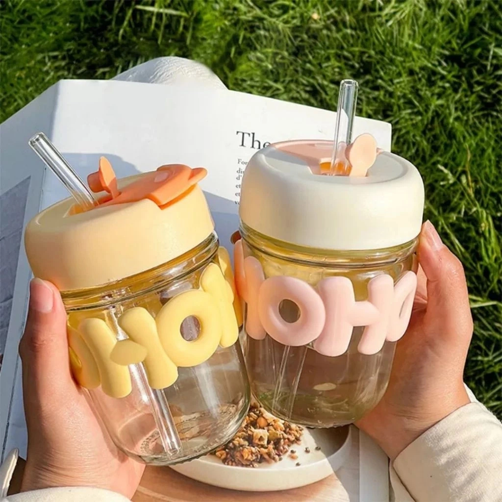 CE Gelas Hoho Minum Kaca 2 in 1 Sedotan 350 ML BPA Free Dus Box Tumbler Aesthetic  Korea Simple Elegan Cangkir Mug Kopi Estetik Anti Tumpah Straw Motif Lucu Silikon Hampers Gift Souvenir My Bottle Pernikahan Nikahan Mewah Ulang Tahun Ultah Anak Nikah B1