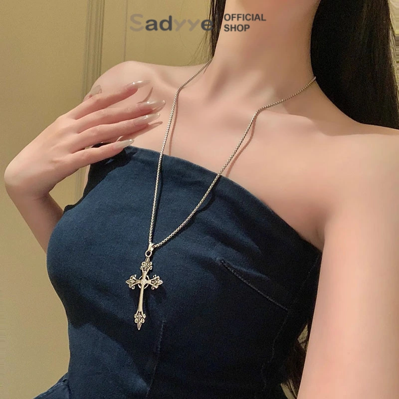 Sadyye Ceruk Besar Salib Kalung Wanita Gaya Manis dan Keren Retro Punk Panjang Rantai Leher