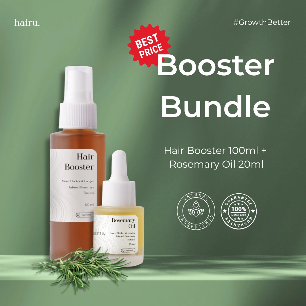 HAIRU BUNDLE Hair Booster & Rosemary Oil Pria Wanita Anak Perawatan Rambut Rontok Tebal Aman Busui