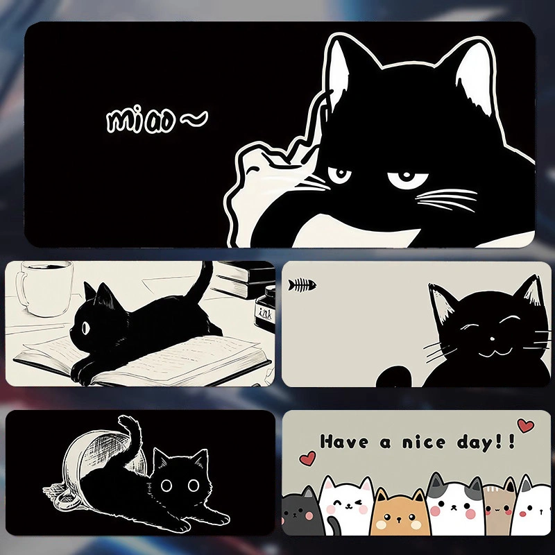 Mouse Pad Besar Anime Style Cute Black Kitten Premium Laptop Mouse Pad Keyboard Mat Office Anti-Slip Desk Pad Thickened Locking Edge Anime Gaming MousePad Long Aesthetic Desk Mat