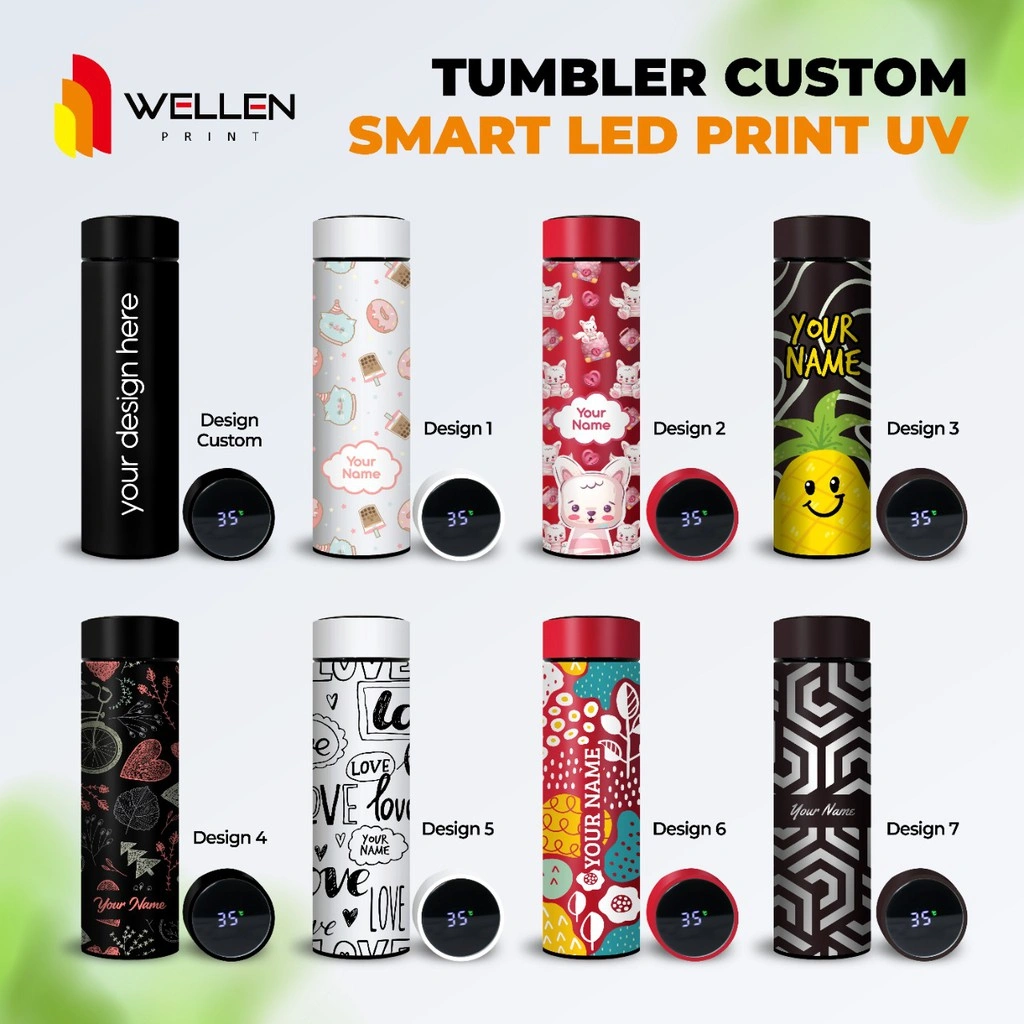 WELLEN PRINT - Tumbler Sakura Smart LED Print Custom / Termos Botol Minum Souvenir Cetak UV Nama Logo Tulisan Foto