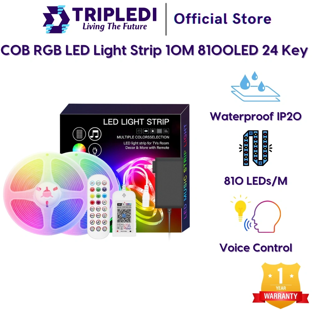 TRIPLEDI LED Strip COB RGB 10 Meter 8100 LED WiFi Bluetooth Alexa Google Assistant Home Smart Lighting Waterproof IP20 High Density Lampu Hias Kamar Plafon Rumah Dekorasi Venue Indoor Outdoor App IR Remote Control